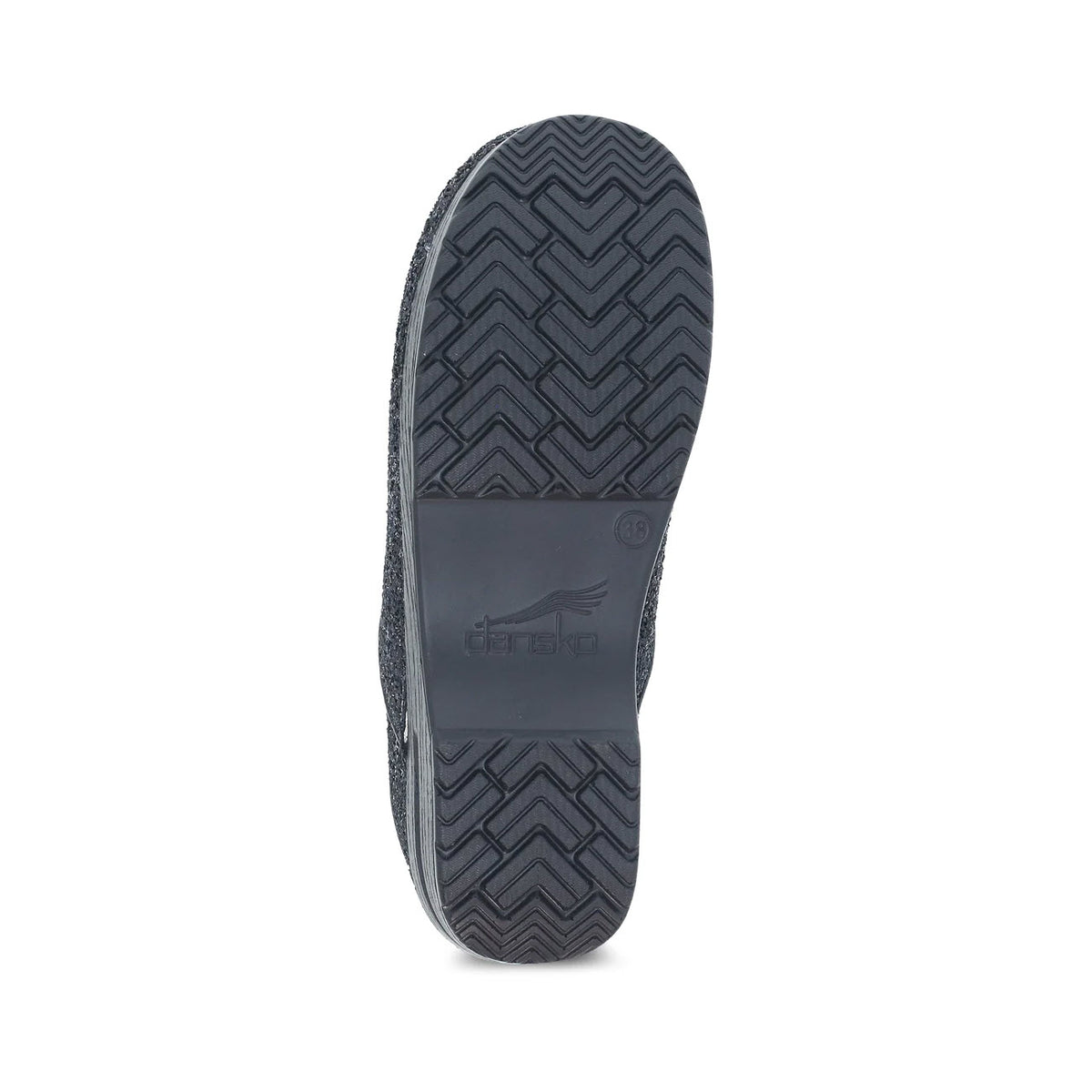 Bottom view of a single Dansko Professional Black Glitter clog displaying its tread pattern and brand logo on the sole.