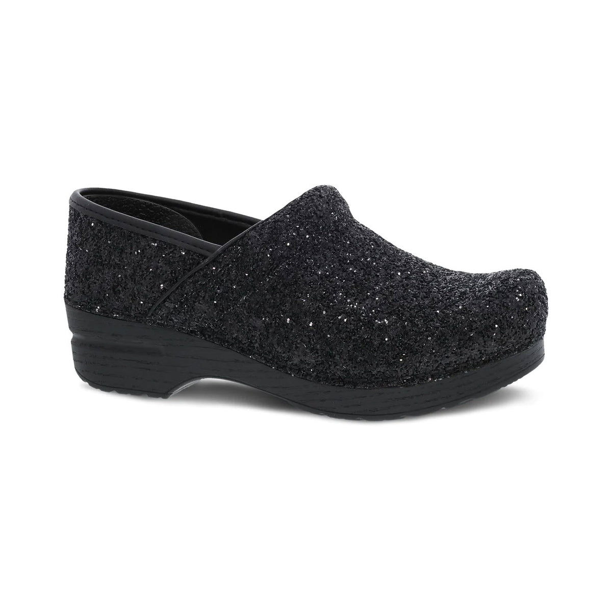 A Dansko Prof Black Glitter clog with a moderate heel and rounded toe, isolated on a white background.