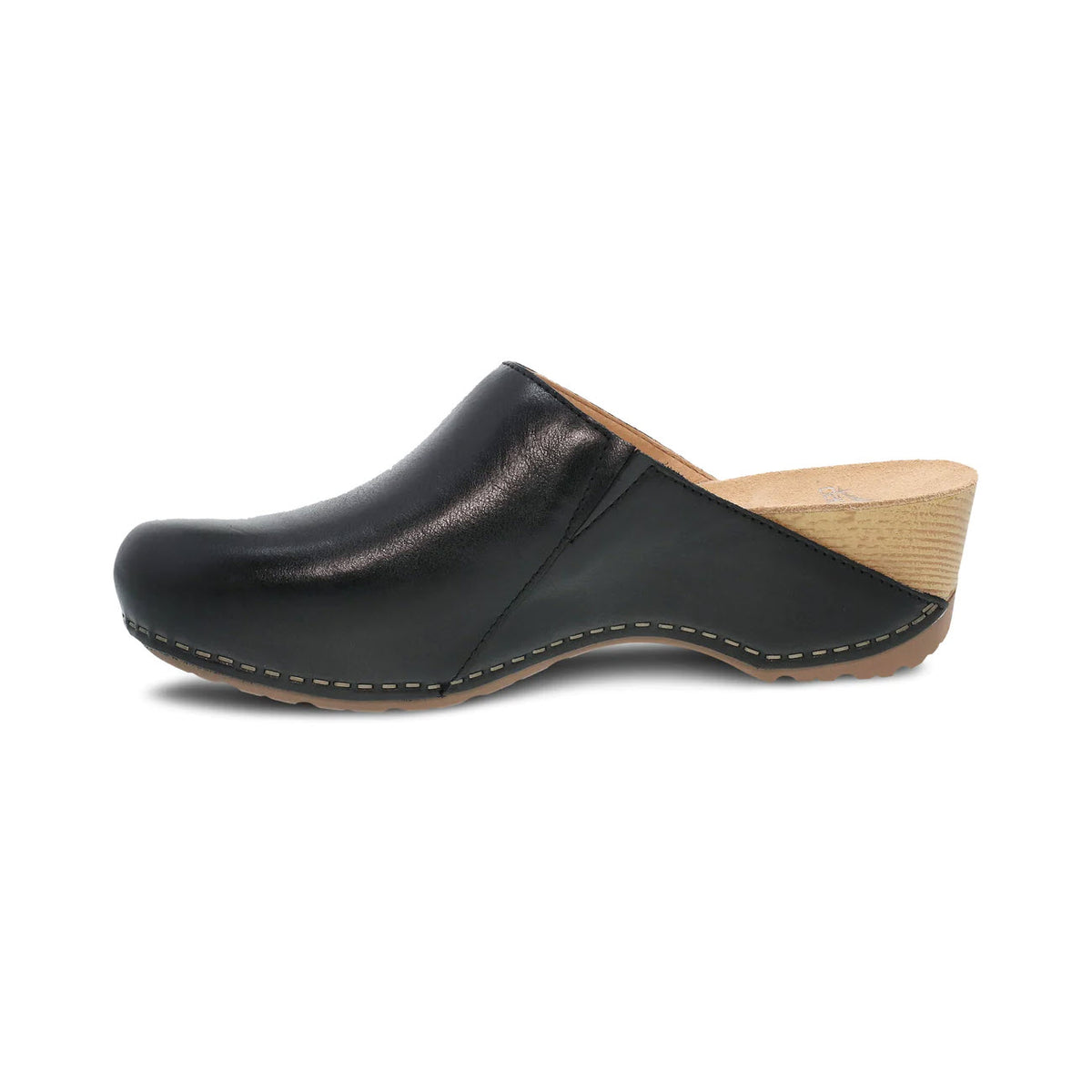 Dansko Talulah Black clog with milled nubuck uppers and a wooden sole, isolated on a white background.