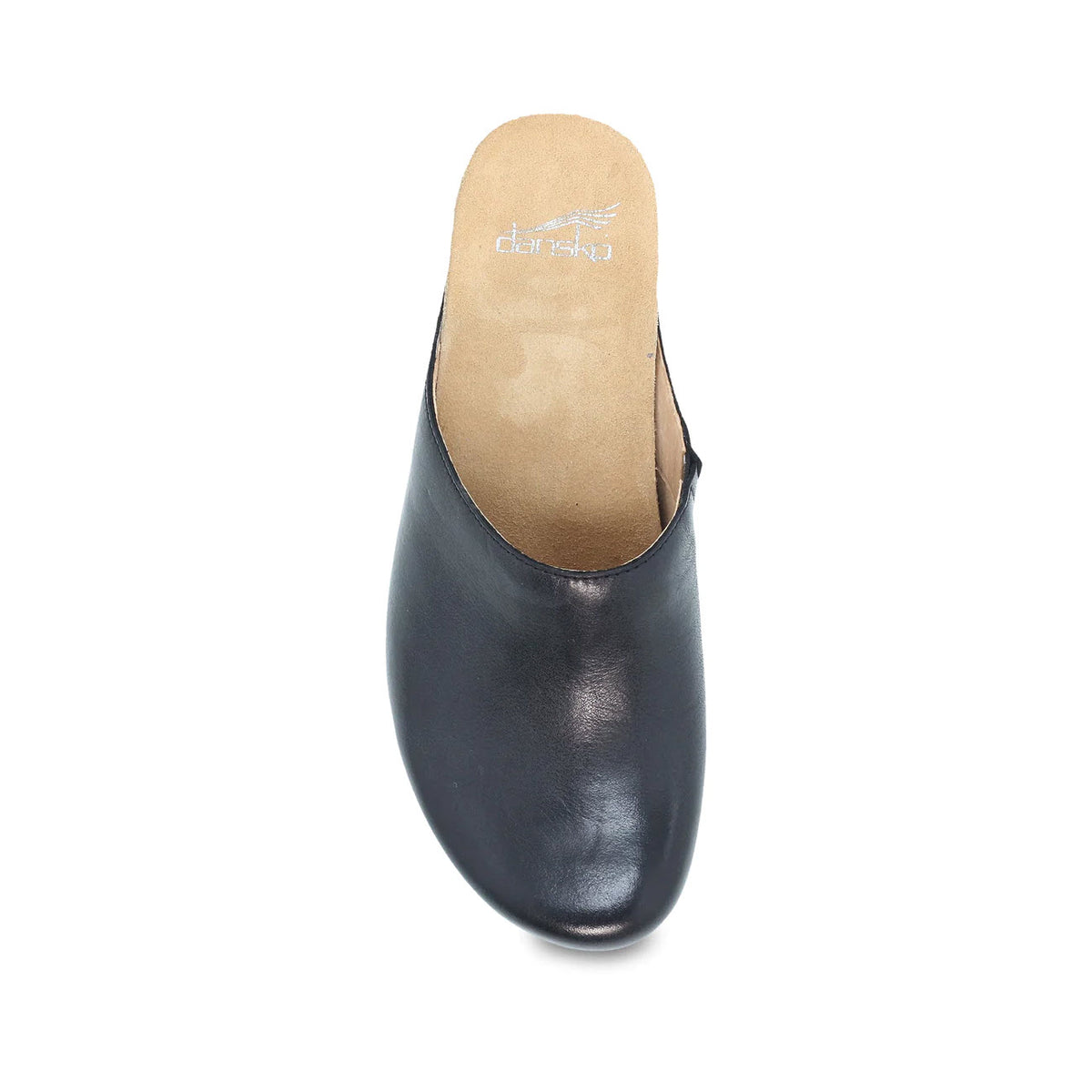 Top view of a single Dansko Talulah Black - Womens leather mule shoe with a contoured footbed and brown insole, isolated on a white background.