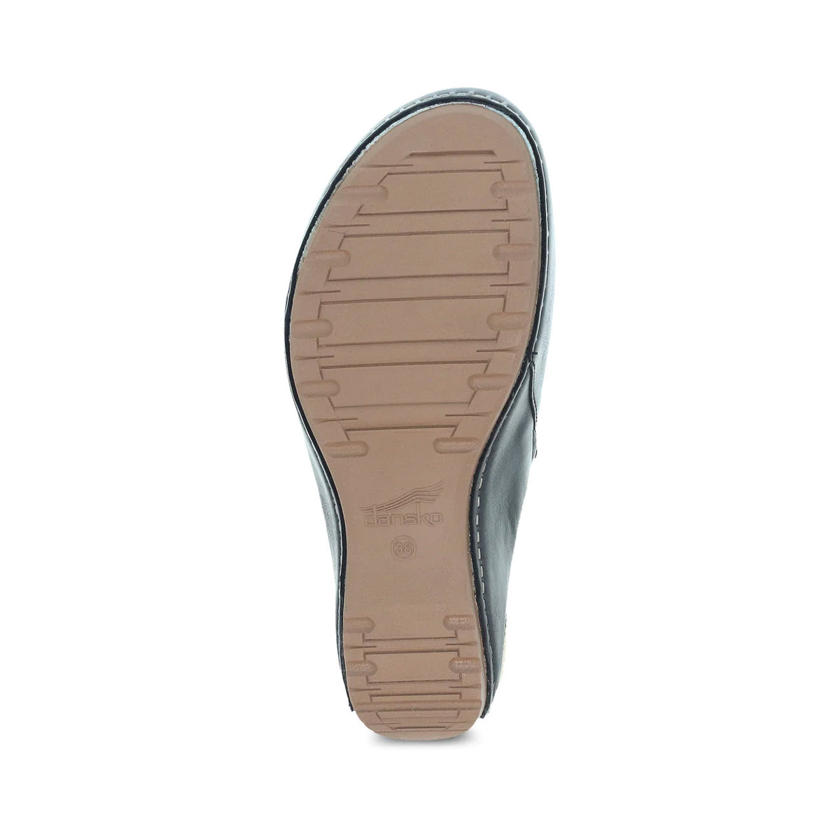 Bottom view of a gray DANSKO TALULAH shoe with milled nubuck uppers showing a flat sole with a textured design and the Dansko brand name embossed near the heel.