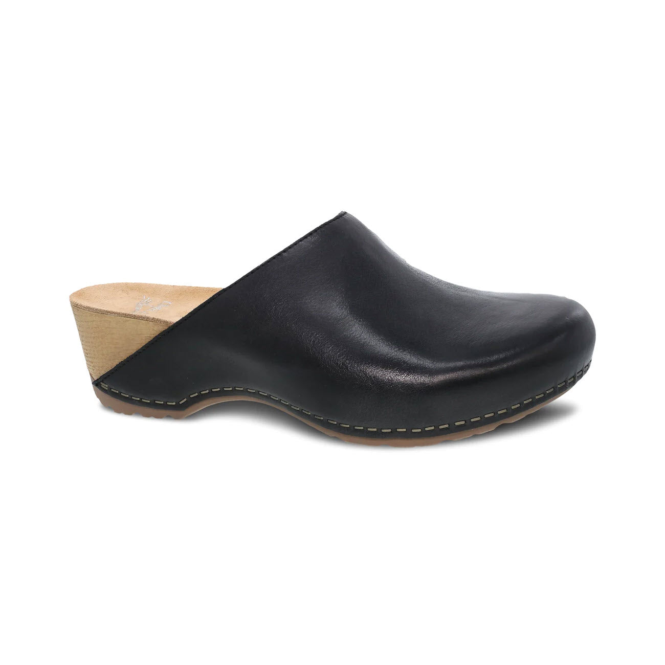 Black leather Dansko Talulah mule with a wooden heel and visible stitching, isolated on a white background.