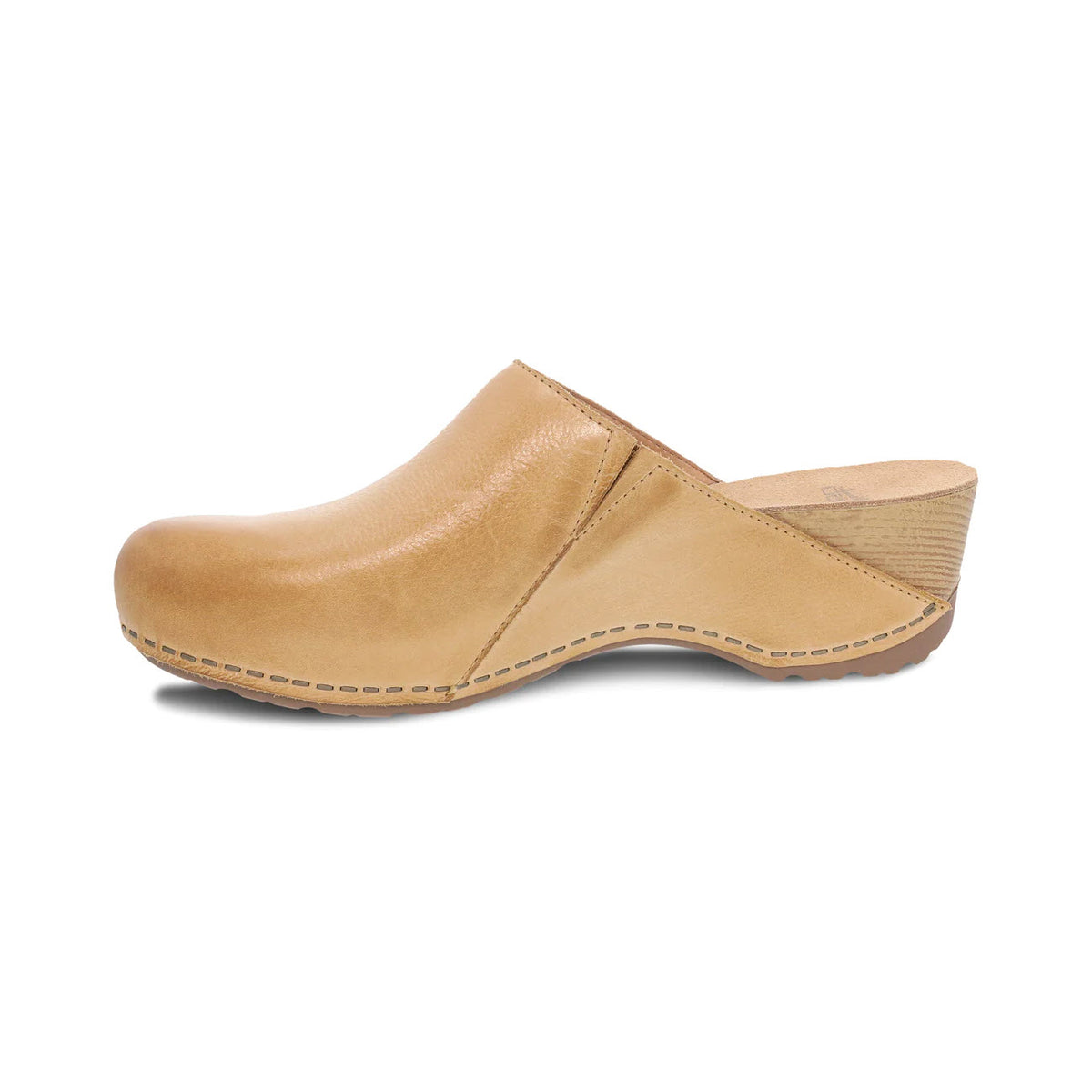 Dansko Talulah Tan mule on a white background, featuring a low heel and stitched details.