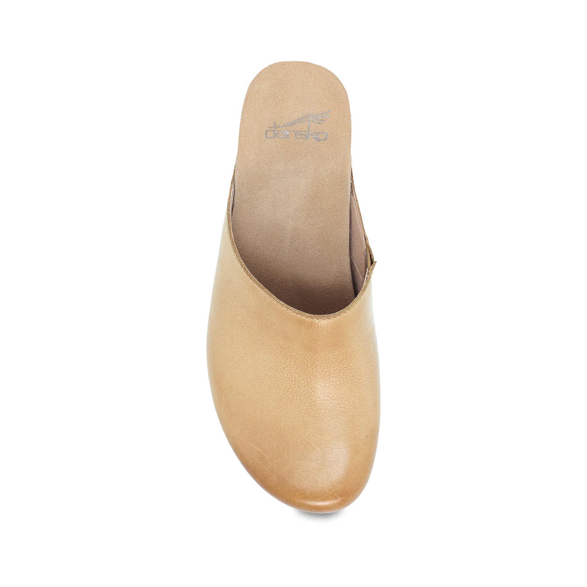 Top view of a tan leather Dansko Talulah mule on a white background.