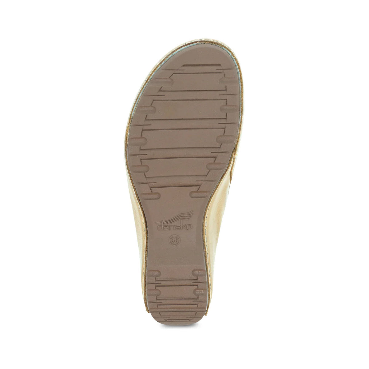 Sole of a DANSKO TALULAH TAN - WOMENS mule displayed against a white background, showing a flat tread pattern and brand imprint.