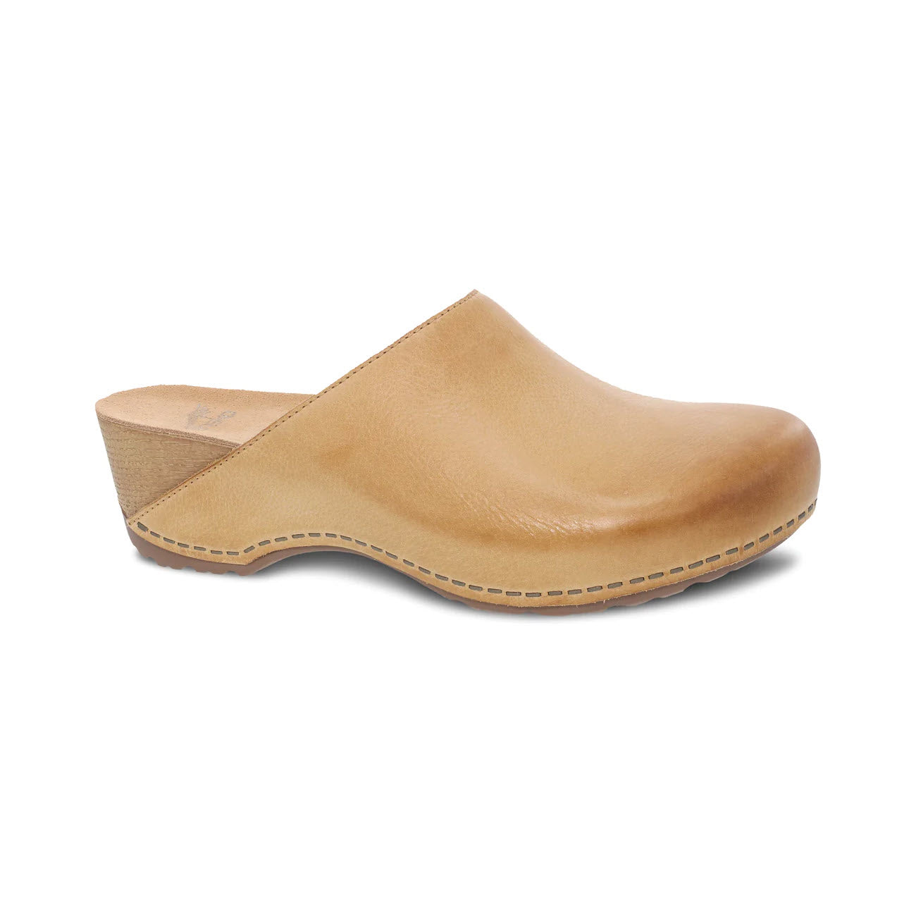 A single DANSKO Talulah tan leather mule with a wooden heel and visible stitching, isolated on a white background.