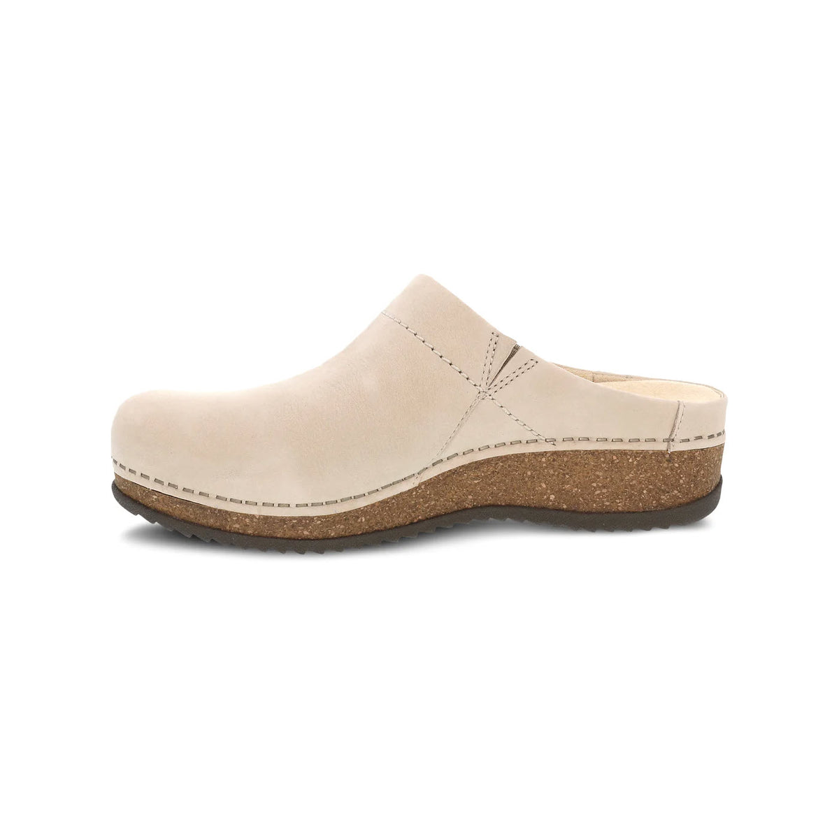 A single beige Dansko Mariella Linen open back clog with a cork sole, isolated on a white background.