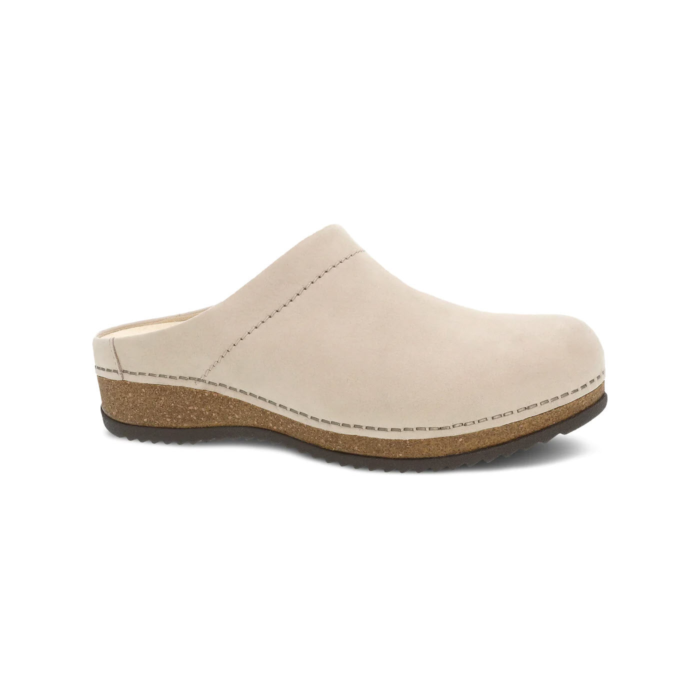 A beige leather open back clog with a cork sole, isolated on a white background, such as the Dansko Mariella Linen - Womens.