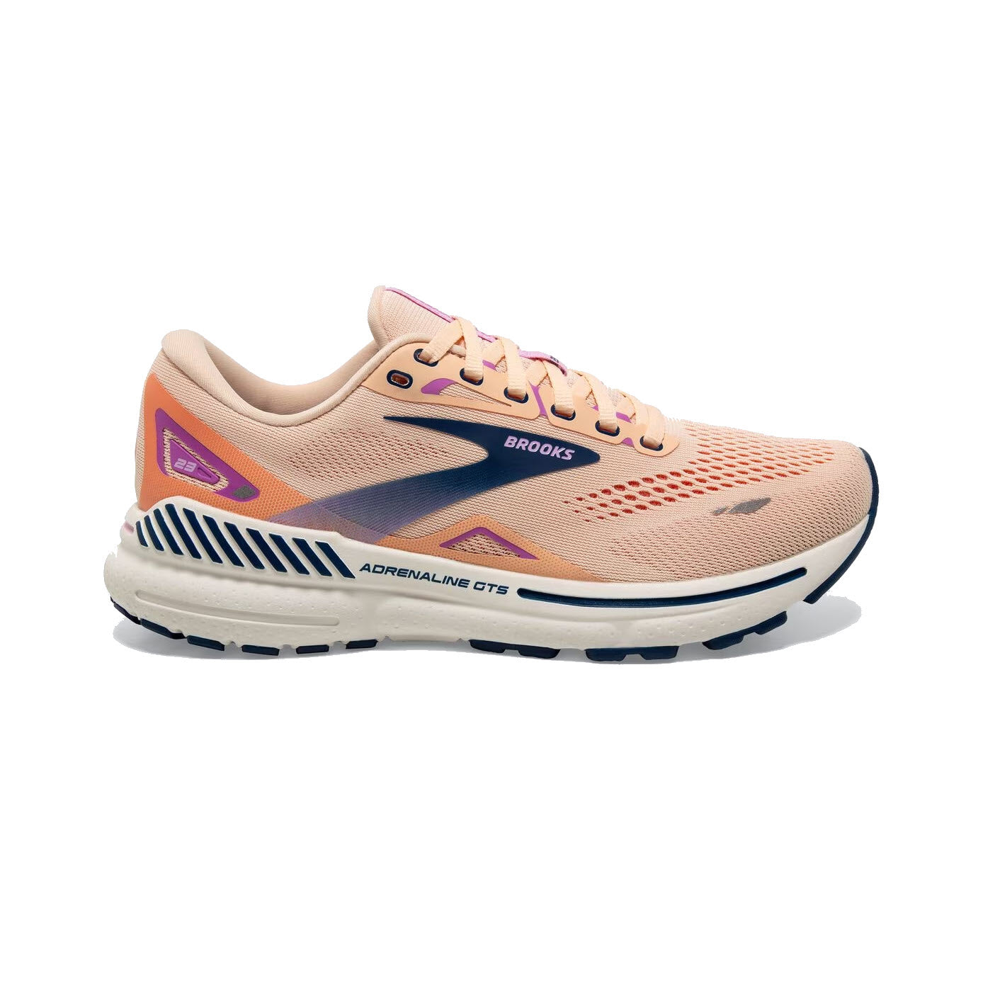 A single apricot and blue-colored women's Brooks Adrenaline GTS 23 stability running shoe against a white background.