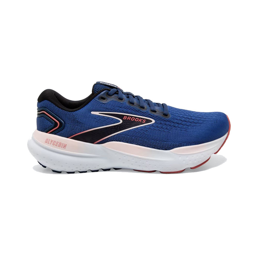 Women's Brooks Glycerin 21 running shoe with DNA LOFT v3 cushioning, featuring a blue/icy pink/rose upper with white sole and red accents, displayed against a white background.
