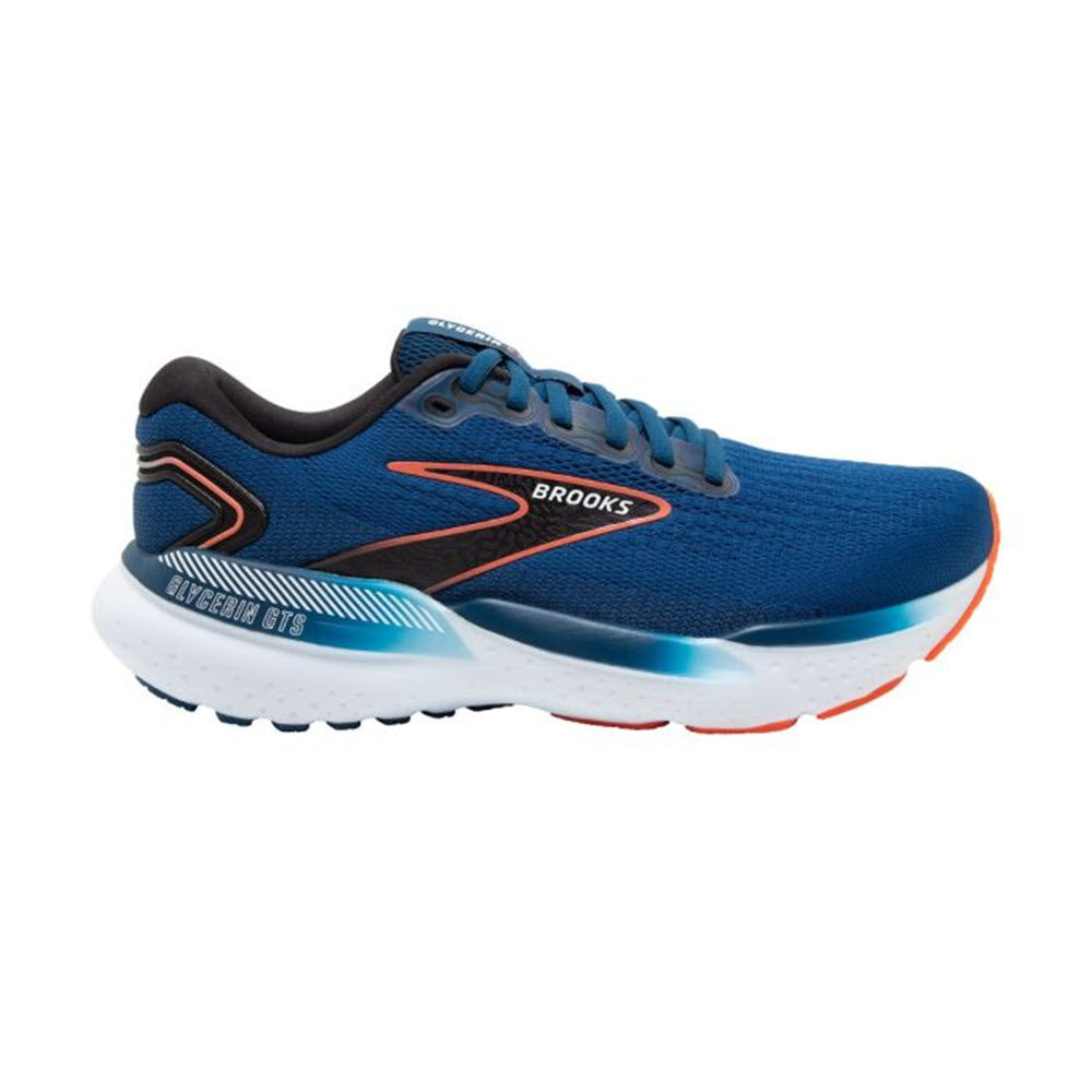 Brooks Glycerin GTS 21 Blue Opal/Black running shoe with ultimate cushioning, featuring orange and white accents and logo, displayed against a white background.