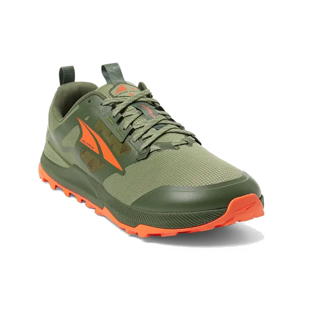 A single Altra Lone Peak 8 Dusty Olive men&#39;s trail running shoe with bright orange accents and a MaxTrac™ outsole on a white background.
