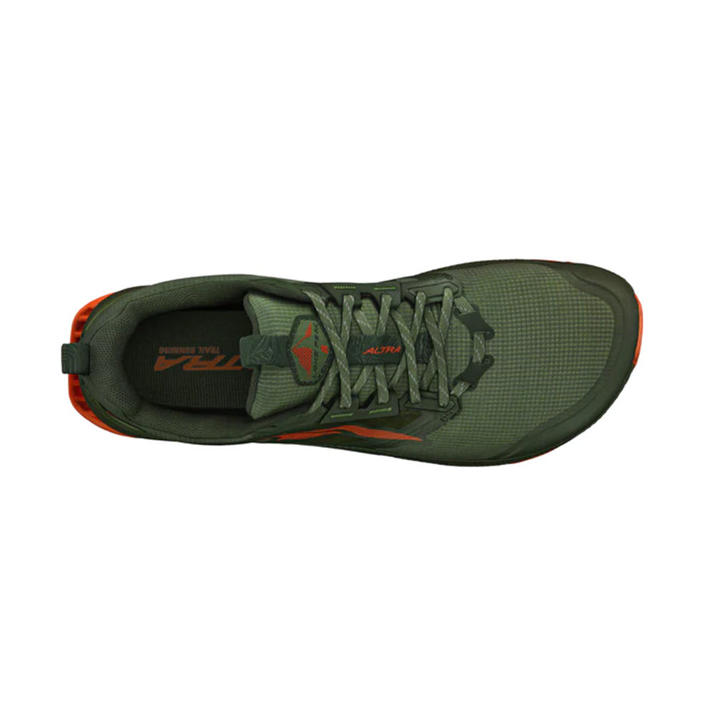 Top view of a single green and orange Altra Lone Peak 8 Dusty Olive trail running shoe with laces.