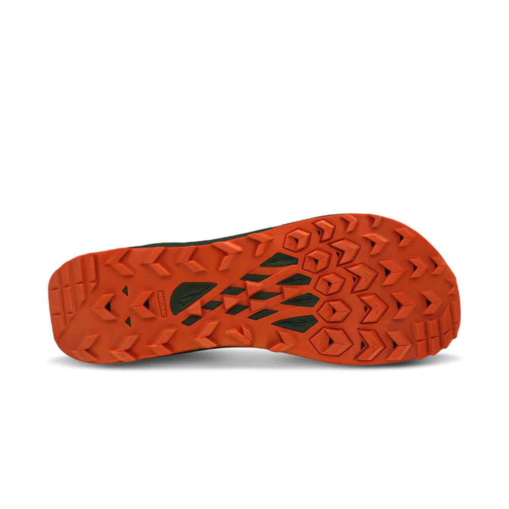 Orange Altra Lone Peak 8 Dusty Olive hiking boot sole with a detailed MaxTrac™ outsole tread pattern, isolated on a white background.