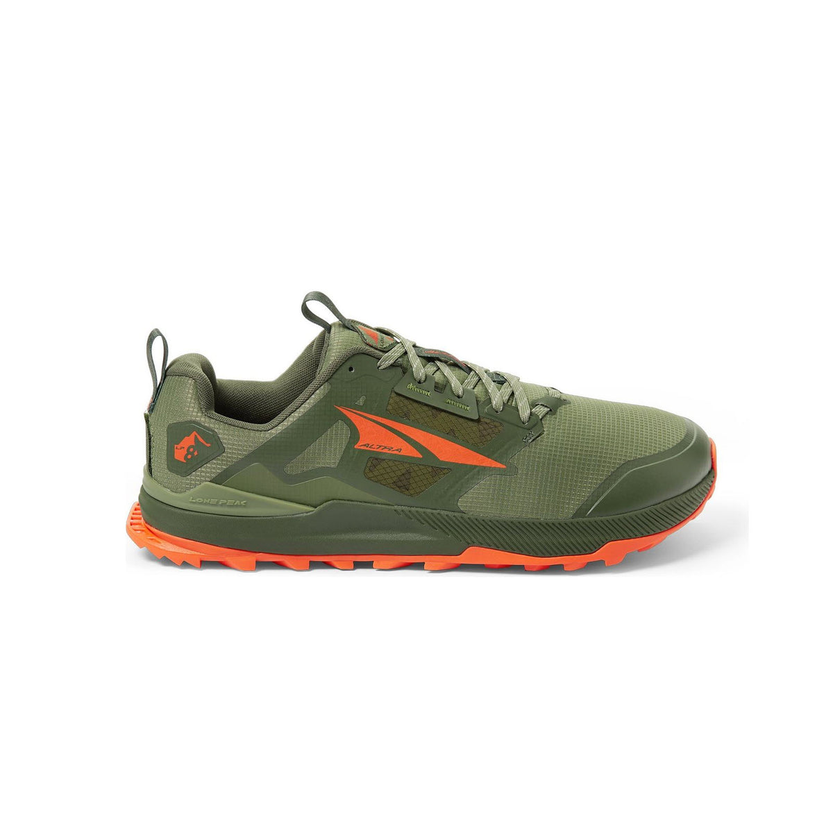 Side view of a green and orange Altra Lone Peak 8 men&#39;s trail running shoe with a rugged MaxTrac™ outsole, isolated on a white background.