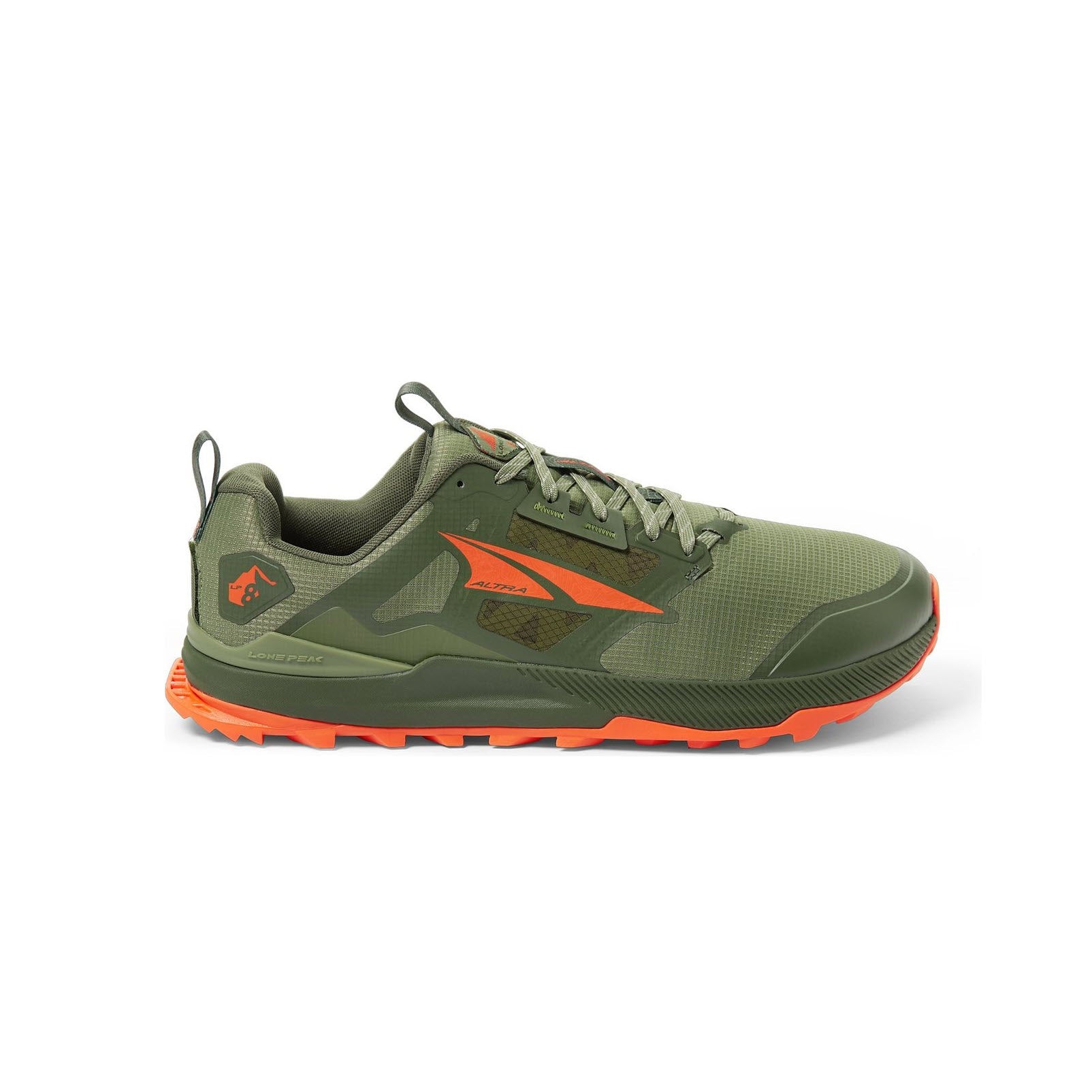 Side view of a green and orange Altra Lone Peak 8 men's trail running shoe with a rugged MaxTrac™ outsole, isolated on a white background.