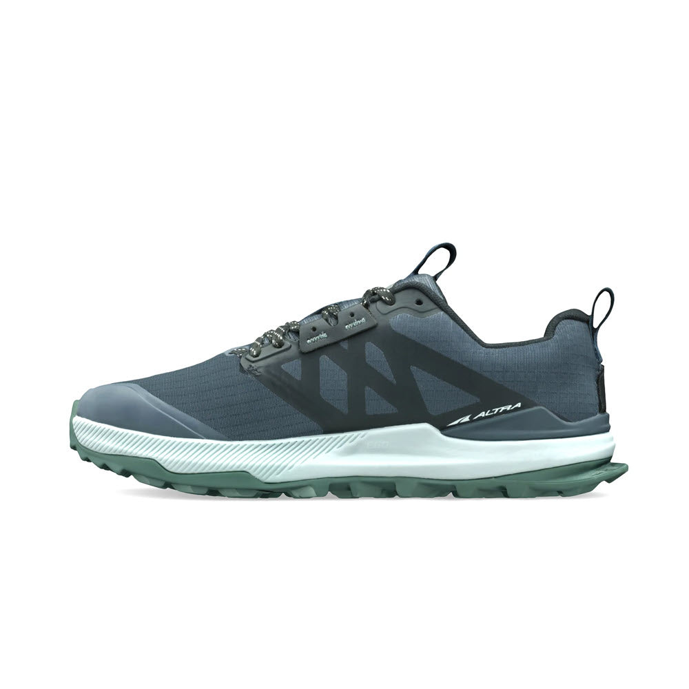 Side view of a blue and gray Altra Lone Peak 8 trail running shoe with a white and green sole, isolated on a white background.