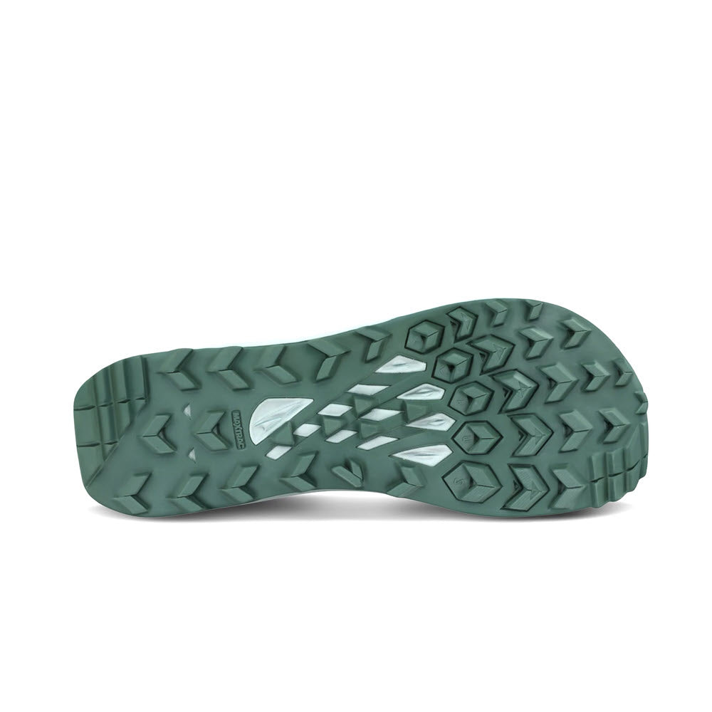 A green rubber Altra Lone Peak 8 sole with a diamond tread pattern and a small logo in the center.