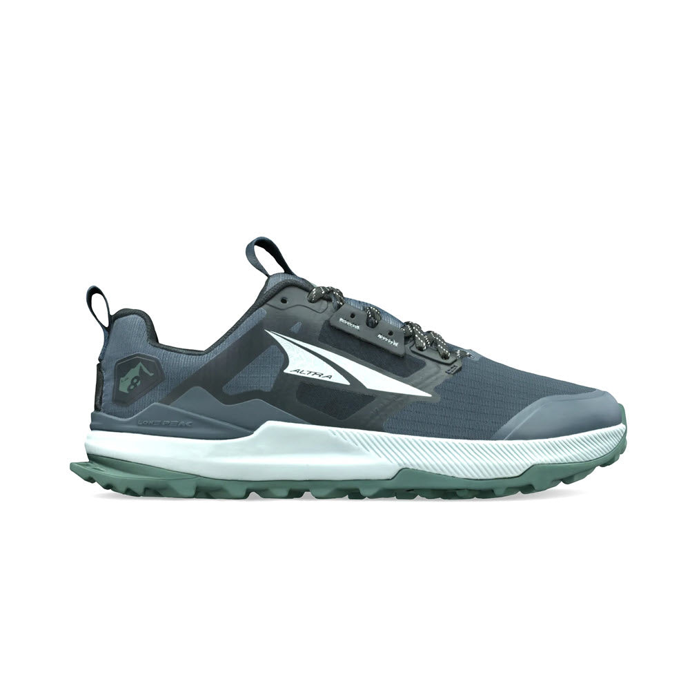 A side view of the modern men's Altra Lone Peak 8 trail running shoe featuring a dark gray upper, white midsole, and green accents, designed for outdoor activities.