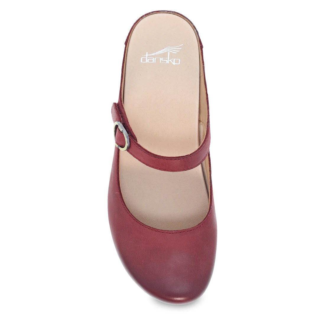 A top view of a single cinnabar Dansko Bria Mary Jane clog mule with an adjustable strap and rounded toe.