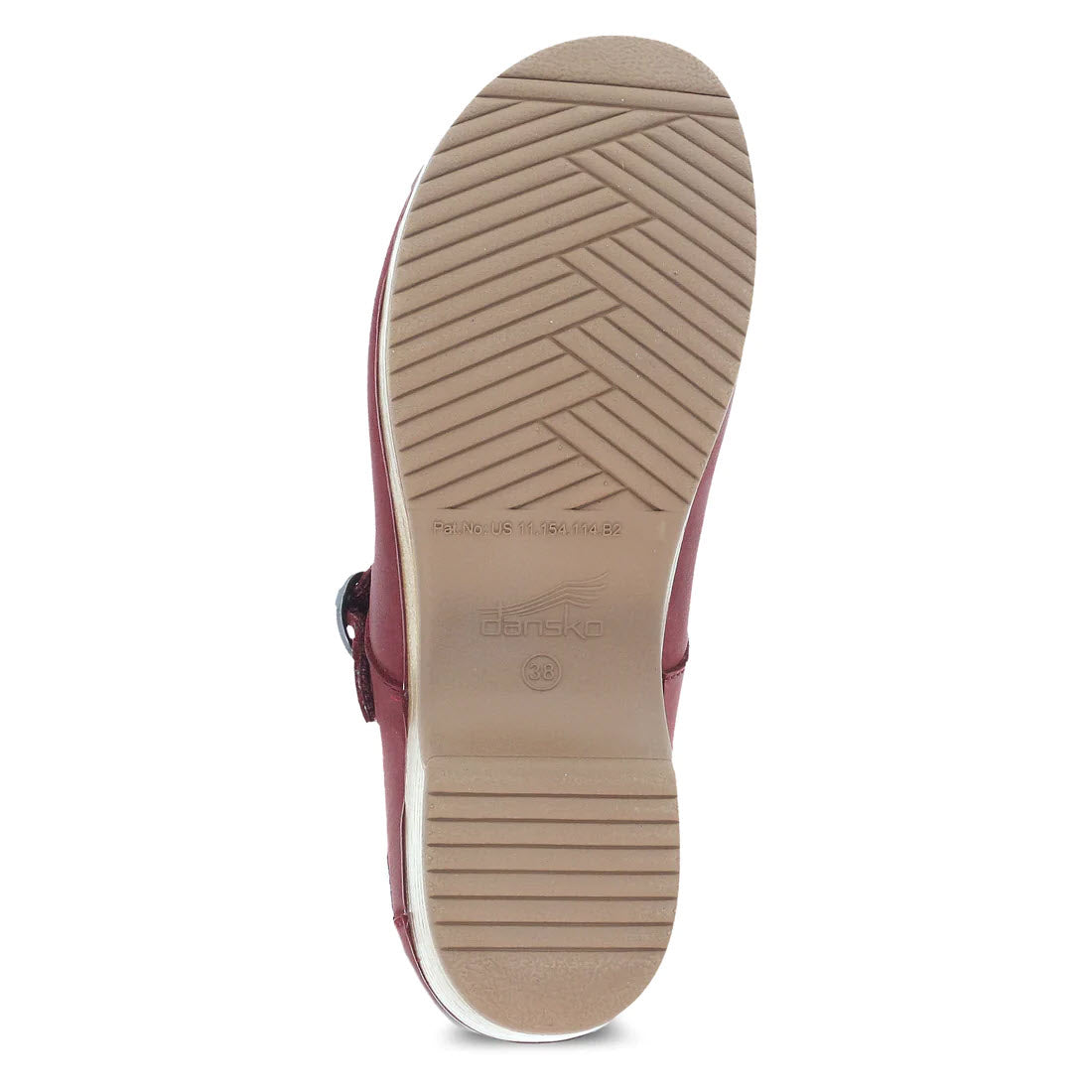 Bottom view of a single red Dansko Bria Cinnabar clog mule showing the textured beige sole with brand details and all-day support.