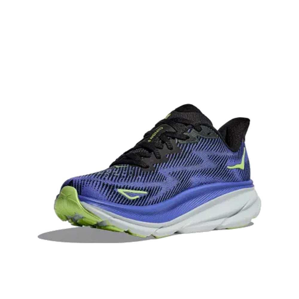 A single HOKA Clifton 9 running shoe with a black and blue upper, neon green accents, and a thick, white sole featuring an improved outsole design.