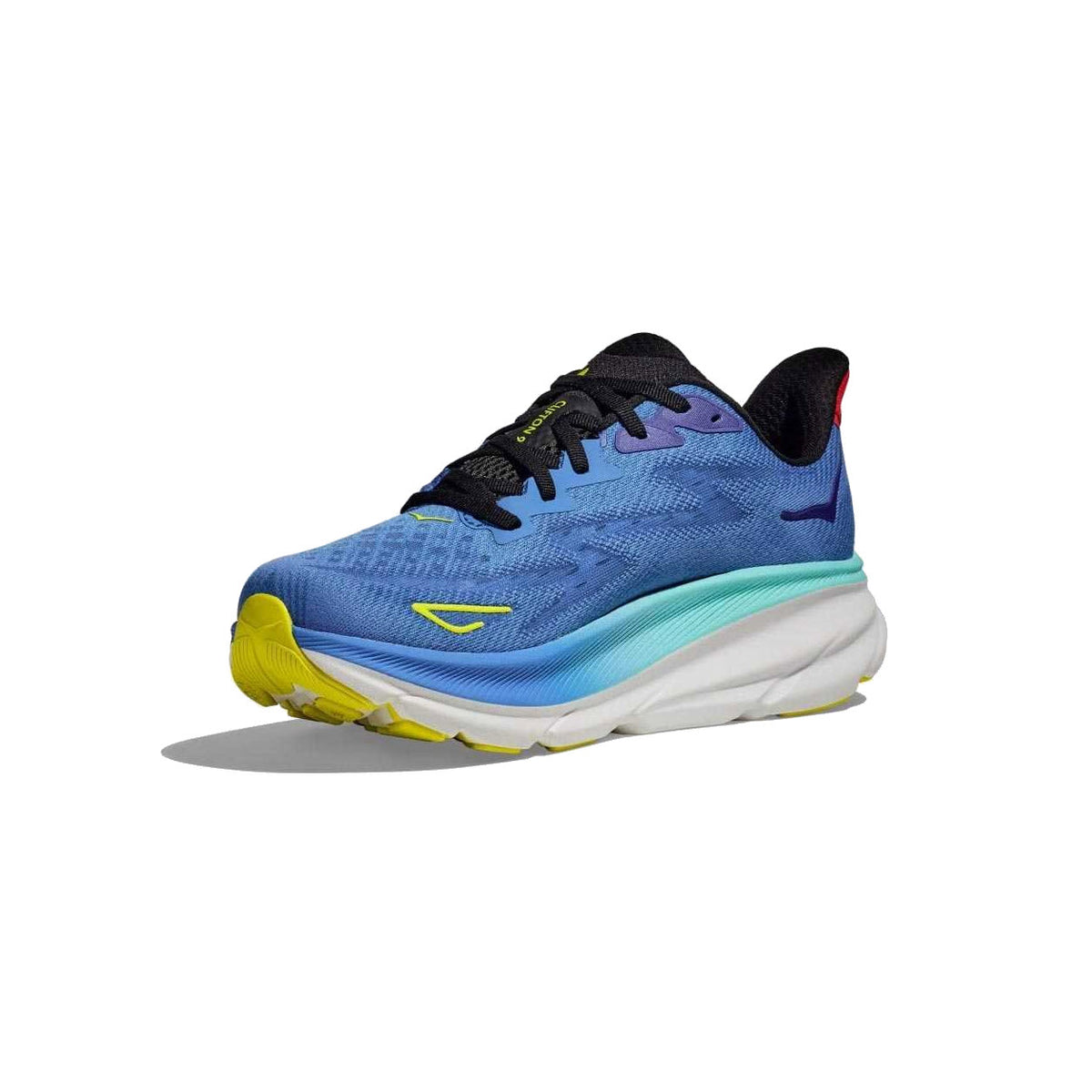 Blue and yellow Hoka Clifton 9 running shoe with a white sole, featuring a sporty design and visible brand logo on the side.