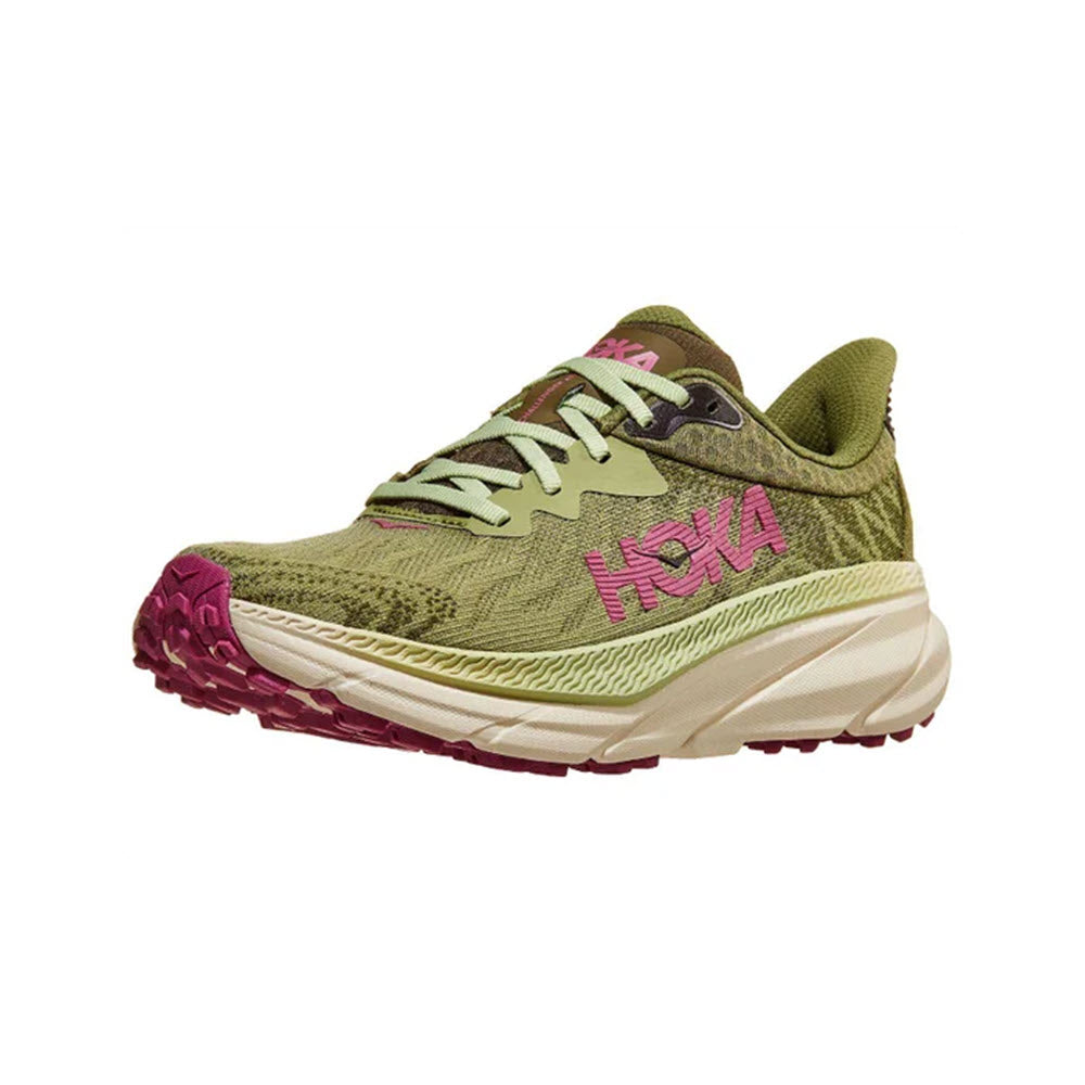 A single olive green HOKA CHALLENGER ATR 7 FOREST FLOOR/BEET ROOT- WOMENS all-terrain running shoe with white and pink accents, viewed from the side.