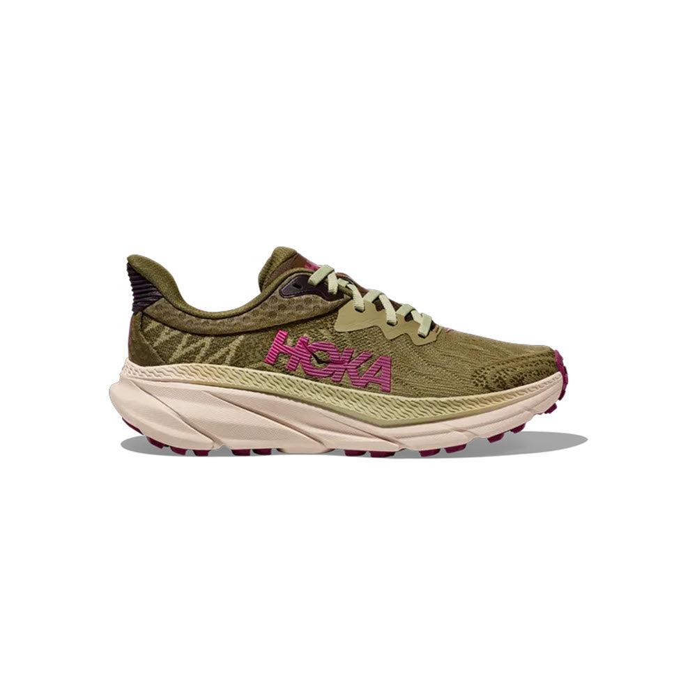 A single olive green HOKA CHALLENGER ATR 7 FOREST FLOOR/BEET ROOT- WOMENS running shoe with pink accents and white sole, displayed against a white background.