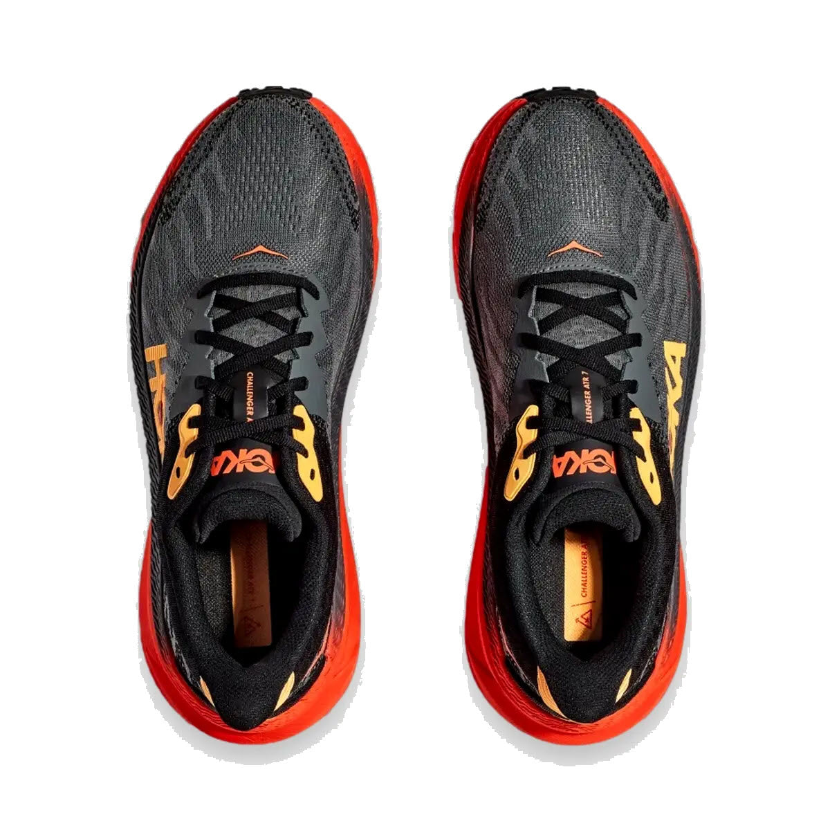 A pair of Hoka Challenger ATR 7 Castlerock/Flame trail running shoes with orange accents, viewed from above, on a white background.