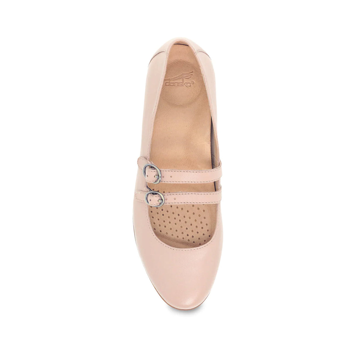 A single beige Dansko Leeza ballet shoe with a round toe and adjustable straps, viewed from the top on a white background.