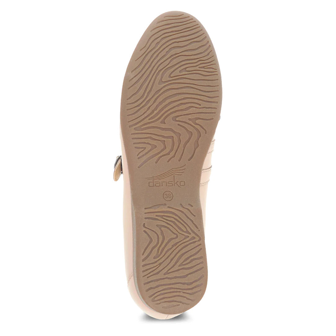 Sole of an elegant supportive beige Dansko Leeza Ballet shoe displaying the brand logo and size, with a patterned tread and a visible side zipper.