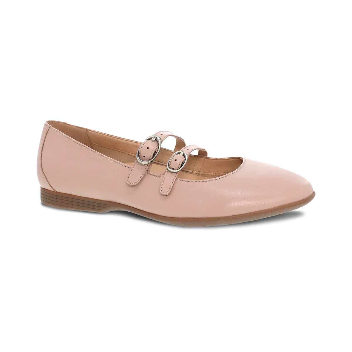 A light pink leather flat shoe with adjustable double buckle straps and a small wooden heel on a white background. - Dansko Leeza Ballet - Womens