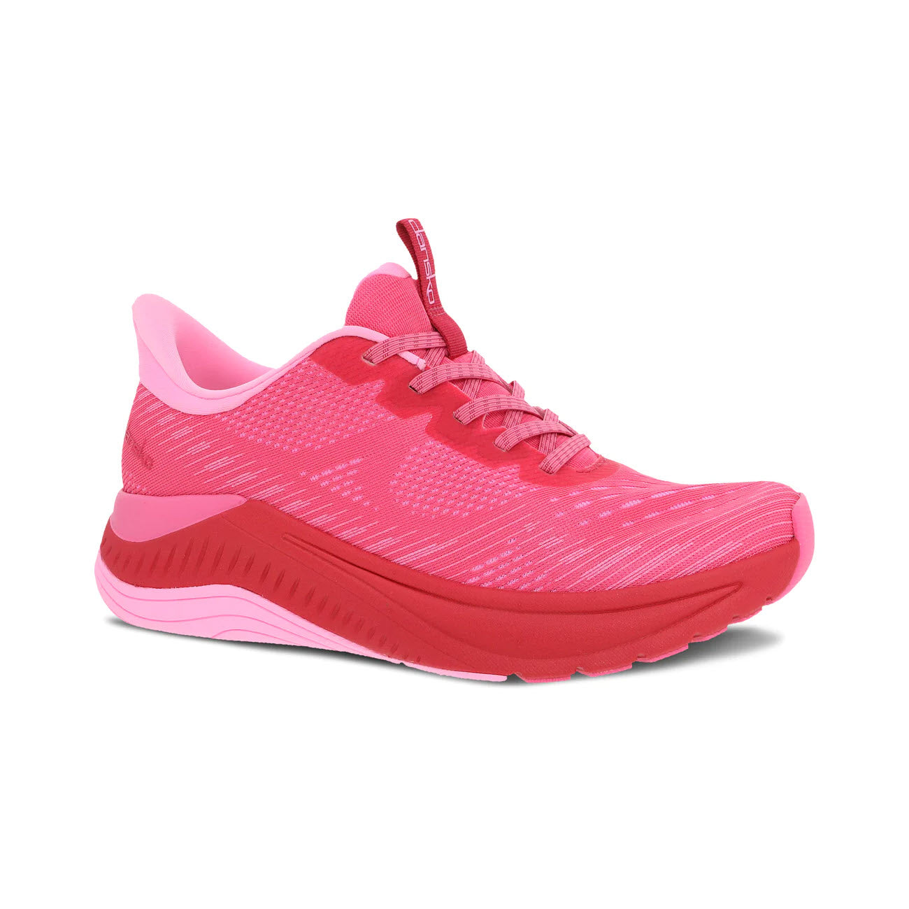 Bright pink high-performance DANSKO PEONY HOT PINK - WOMENS walking sneaker with a mesh upper and a thick sole, viewed from the side.