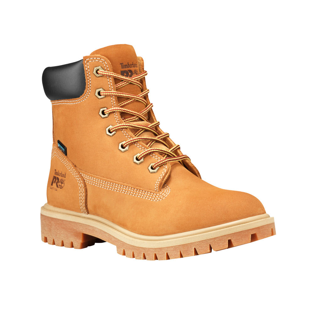 A single TIMBERLAND DIRECT ATTACH 6 INCH WATERPROOF BOOT WHEAT - WOMENS with anti-fatigue technology and laces on a white background.