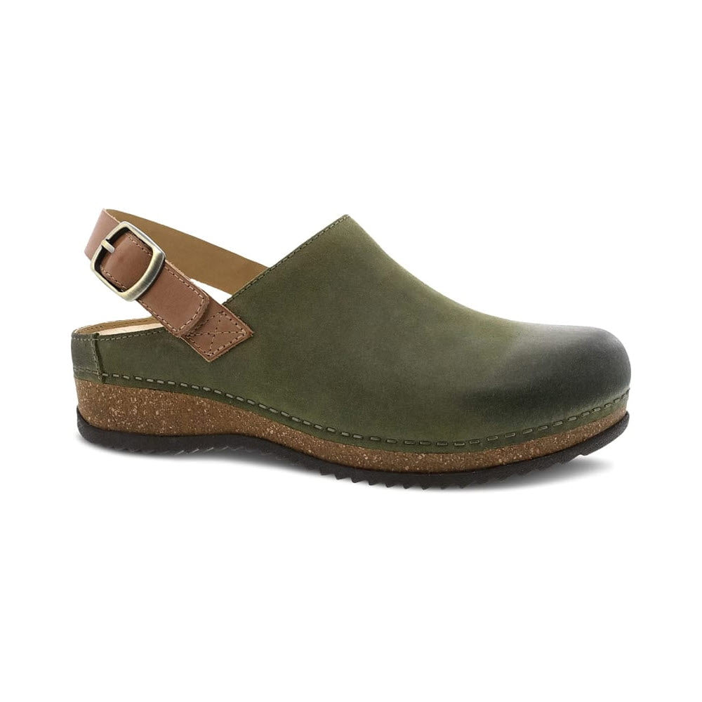 Dansko Olive green leather upper clog with a hook-and-loop ankle-strap and cork sole isolated on a white background.