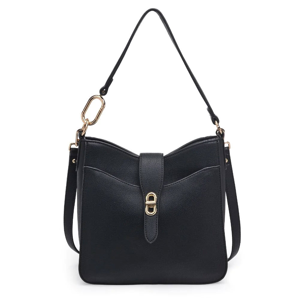A URBAN EXPRESSIONS RUBY BLACK vegan leather shoulder bag with a front buckle and adjustable strap on a white background.