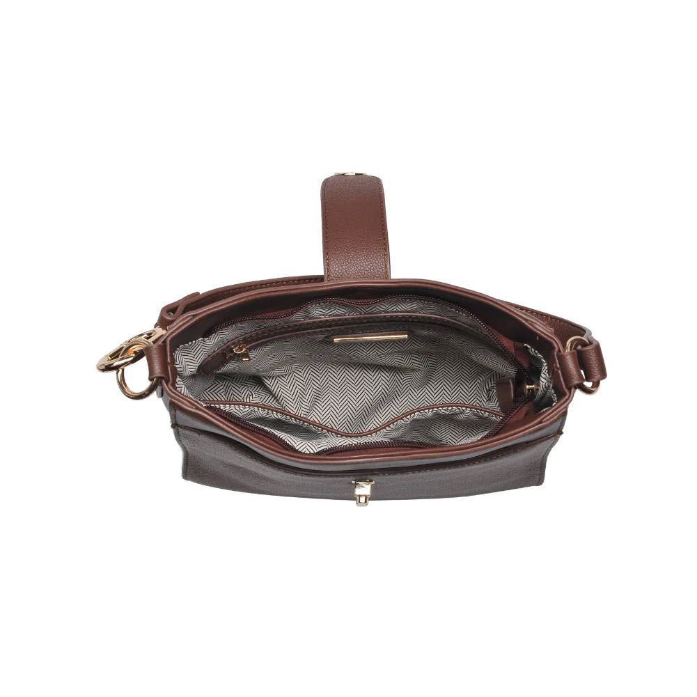 An open brown URBAN EXPRESSIONS RUBY CHOCOLATE vegan leather bag with an adjustable strap, displaying its gray herringbone-lined interior and compartments.