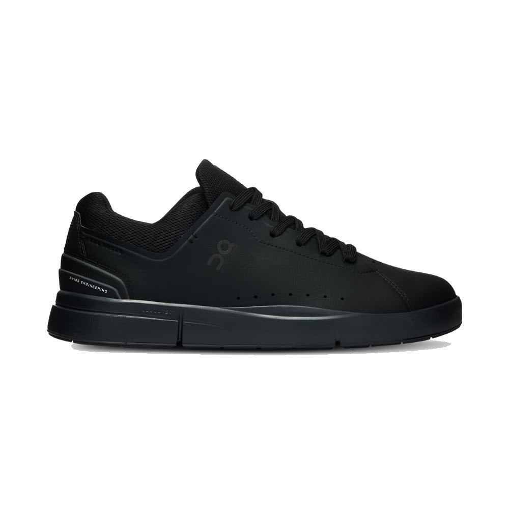 A black athletic shoe with a low profile, featuring minimalistic design and On Running logo on the side.