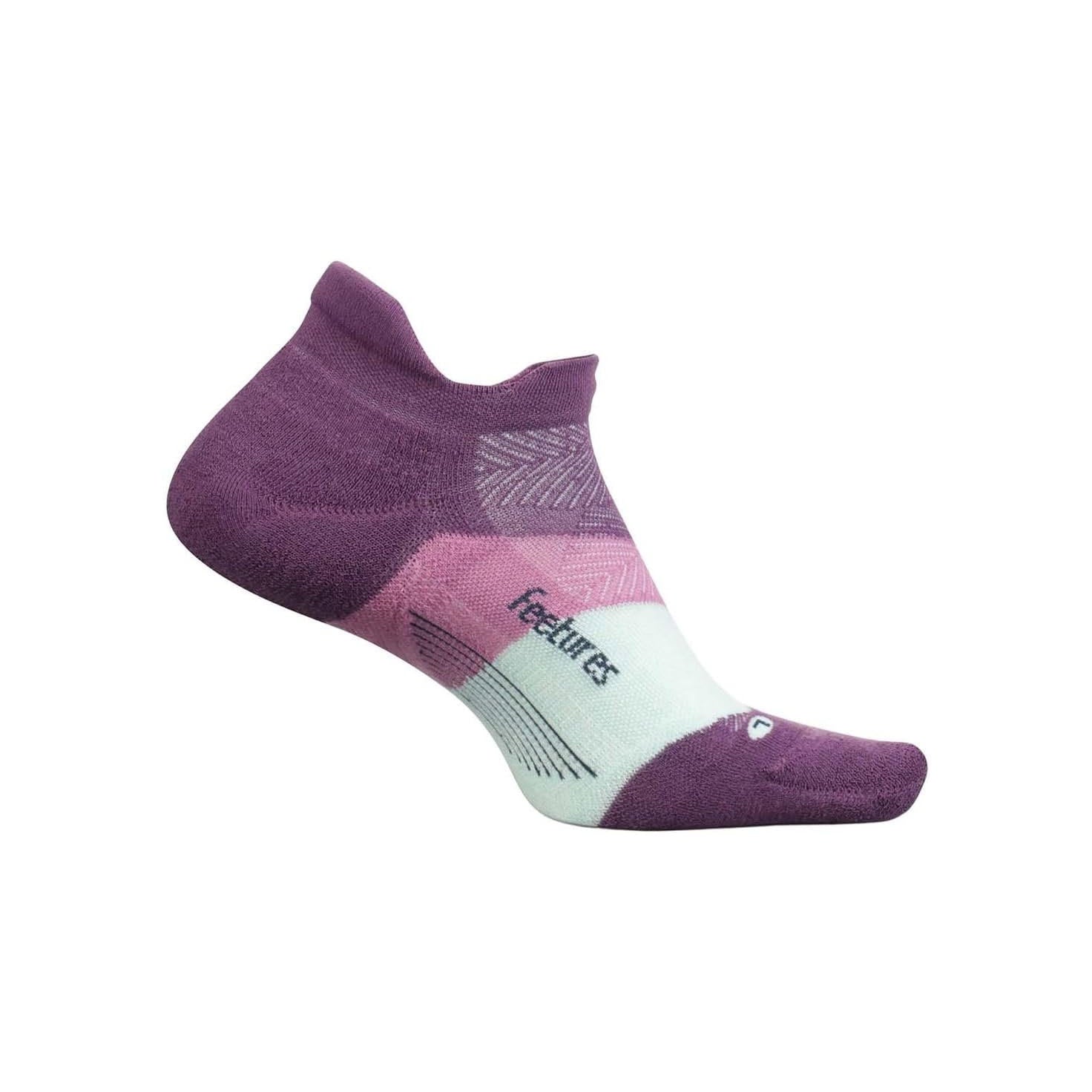 A single purple and white ELITE MAX CUSHION NO SHOW TAB PEAK PURPL sock with the Feetures brand displayed across the toe area, isolated on a white background.