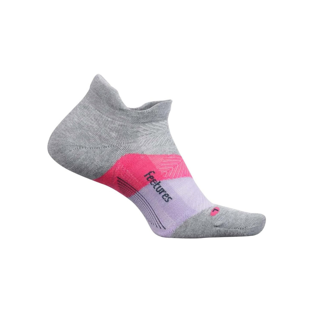 A single ELITE MAX CUSHION NO SHOW TAB GRADUAL GR sport sock featuring a grey body, pink gradient design on the foot, and the word &quot;feature&quot; in bold lettering with added arch support.