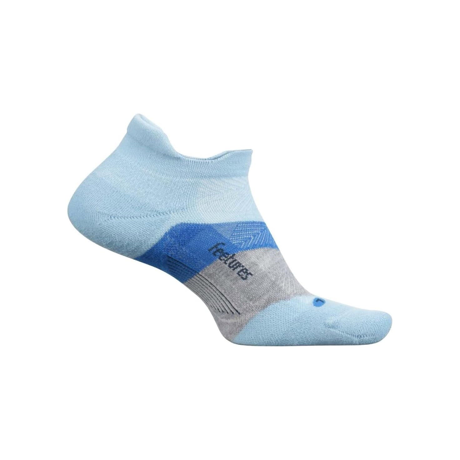 A single Feetures ELITE MAX CUSHION NO SHOW TAB BIG SKY BL ankle sock with a gray and blue patterned design and arch support, featuring the word "features" on the side.