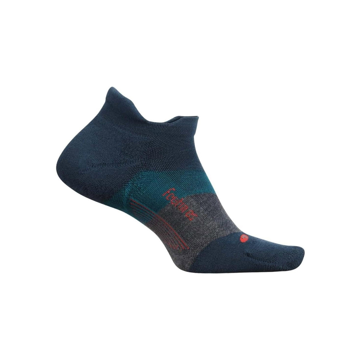 A low-cut athletic sock with arch support in dark blue with teal accents and red Feetures logo, displayed against a white background.