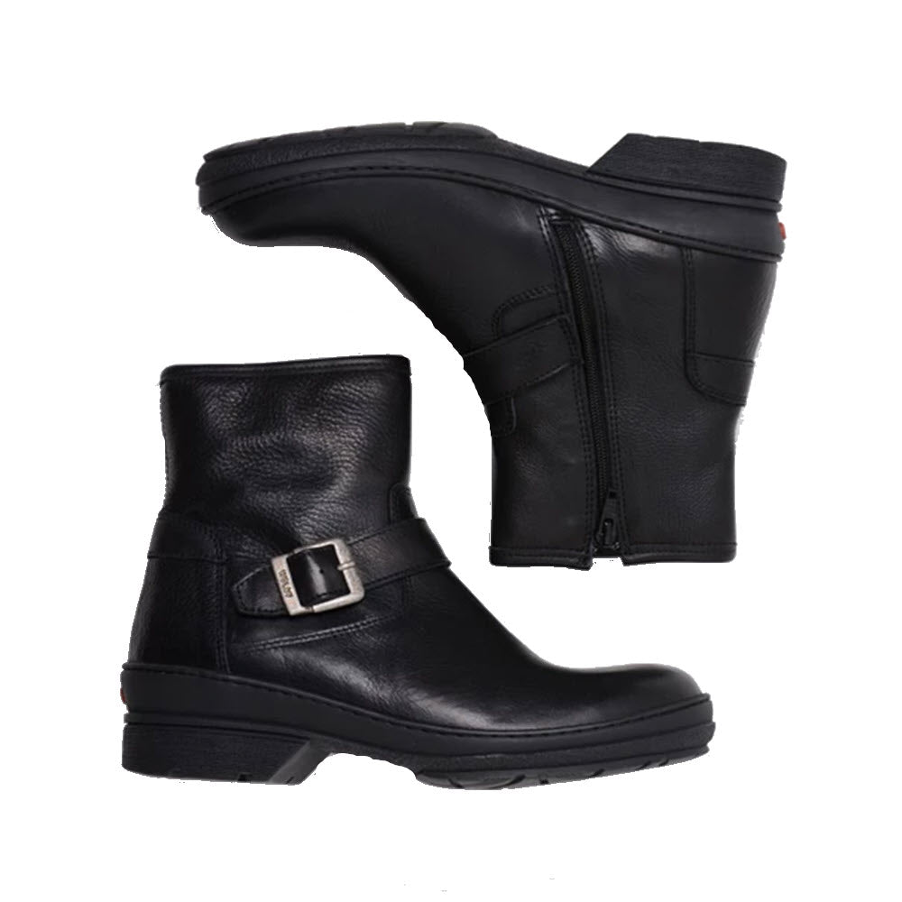 A pair of WOLKY NITRA WR FOREST LEATHER BLACK ankle boots with buckles, one boot standing upright and the other lying down, against a white background. These are water-resistant boots.