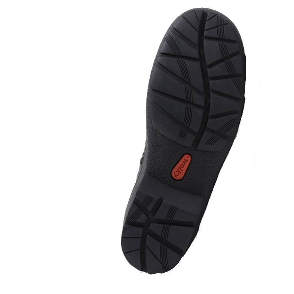 Sole of a Wolky Nitra WR Forest Leather Black shoe with a removable insole, textured design, and a visible Wolky brand logo in red on a white background.