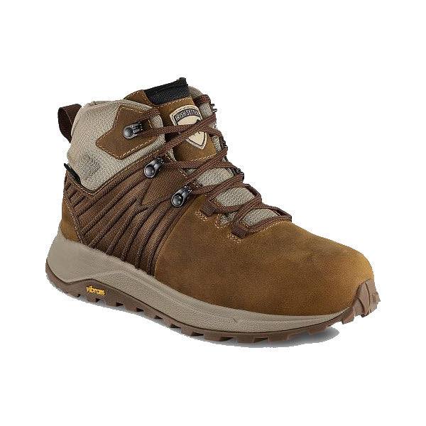 An Irish Setter women&#39;s work boot with metal eyelets and a Vibram® Bayu sole, featuring a beige padded collar and branded tongue.