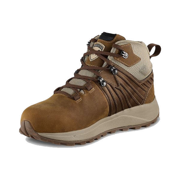 A single brown Irish Setter IRISH SETTER CASCADE 5 INCH SAFETY TOE BROWN - WOMENS work boot with beige accents, metal eyelets, and a rugged Vibram® Bayu sole, displayed against a white background.