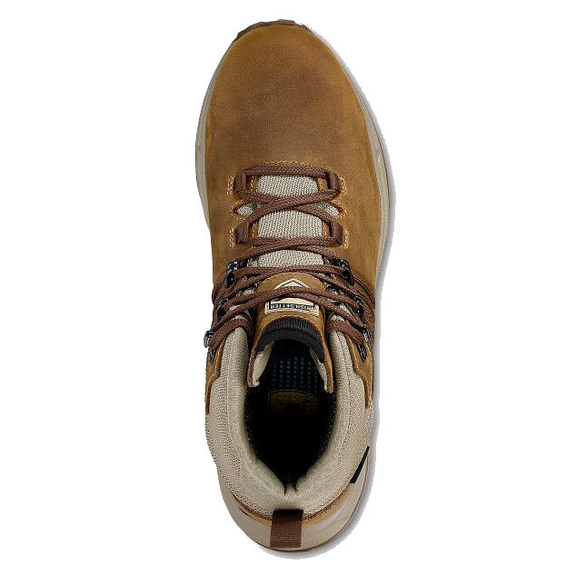 Top view of an Irish Setter Cascade 5 Inch Safety Toe Brown hiking boot with Vibram® Bayu sole on a white background.