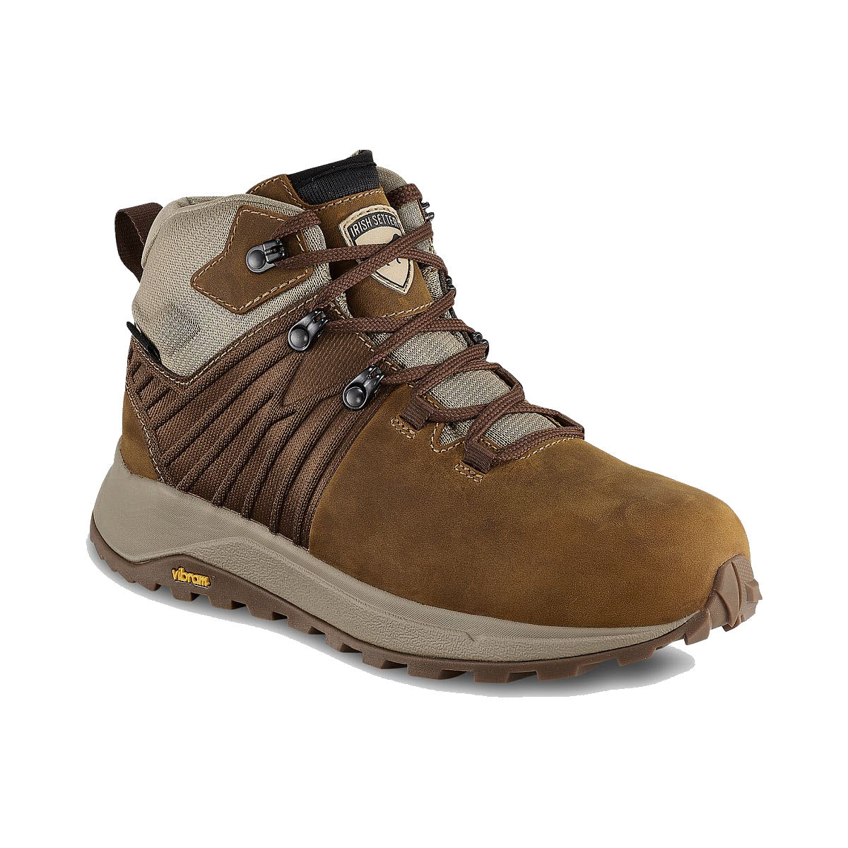 A brown and beige Irish Setter CASCADE 5 INCH SAFETY TOE hiking boot with metal eyelets and a rugged Vibram® Bayu sole, displayed on a white background.
