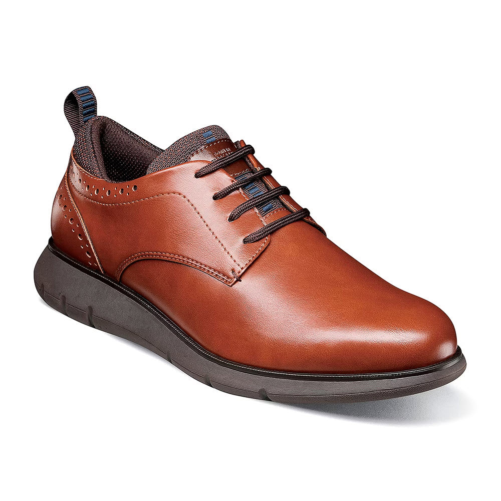 A single brown leather Nunn Bush Stance plain-toe oxford with laces, featuring a sleek design and a black sole.
